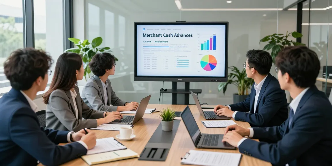 Engaged team discussing how to apply for merchant cash advance solutions in a professional setting.