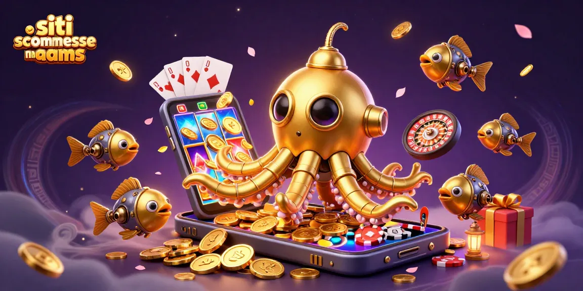 Prova le scommesse sui siti scommesse non AAMS con un kraken dorato e pesci meccanici tra monete d'oro.
