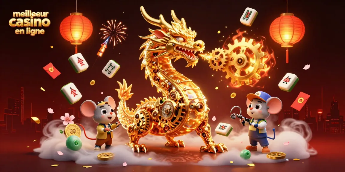 Jouer sur le meilleur casino en ligne avec un dragon mécanique, des lanternes et des pièces d'or.