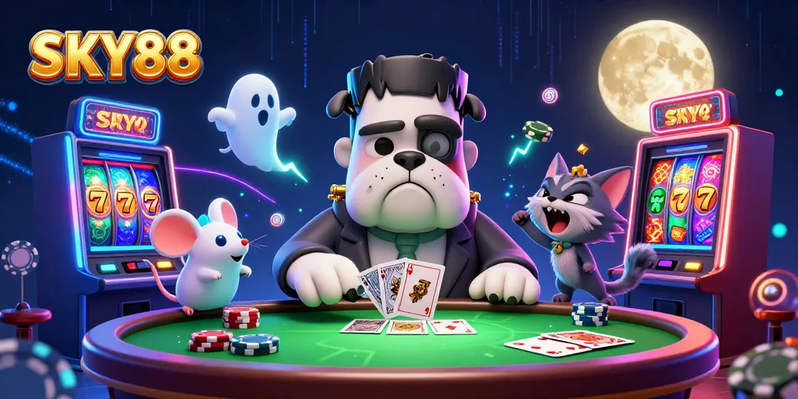 Engage with SKY88's thrilling casino experience, featuring a haunted table with unique characters and slot elements.