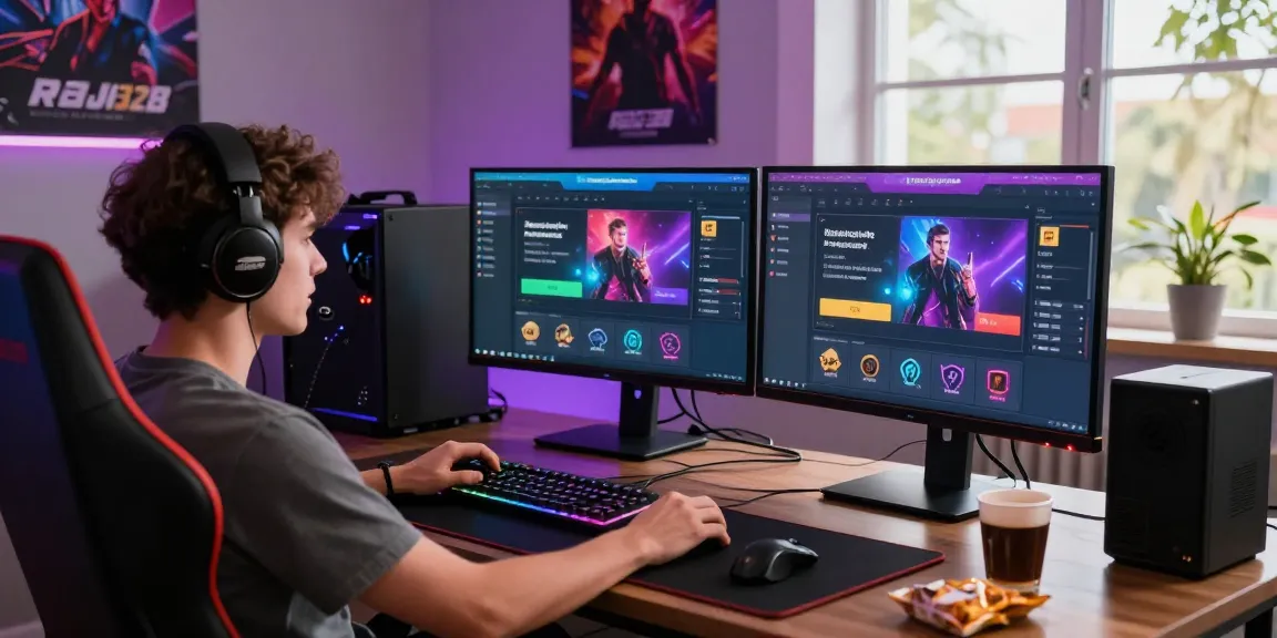 Engaged gamer navigating raja328 daftar online platform in a vibrant gaming setup.