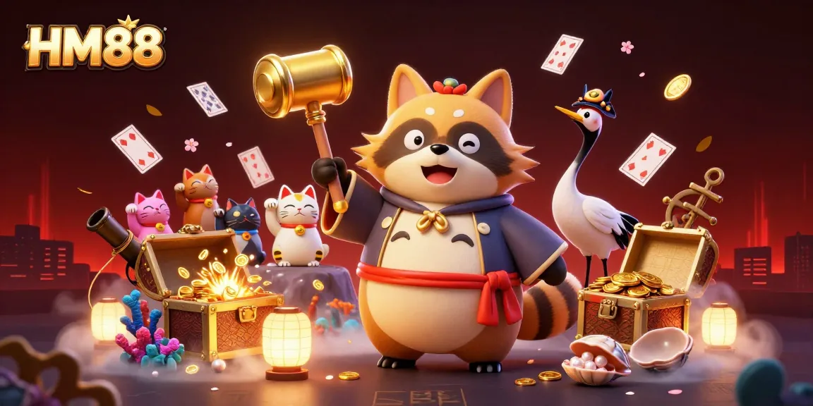 Engage in exciting gameplay with HM88 featuring cheerful tanuki, cranes, and lucky charms amidst rich casino elements.
