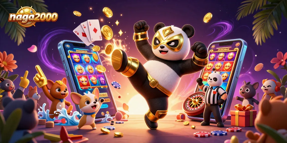 Proses seru bermain slot di naga2000 dengan panda pegulat 3D dan penonton ceria.