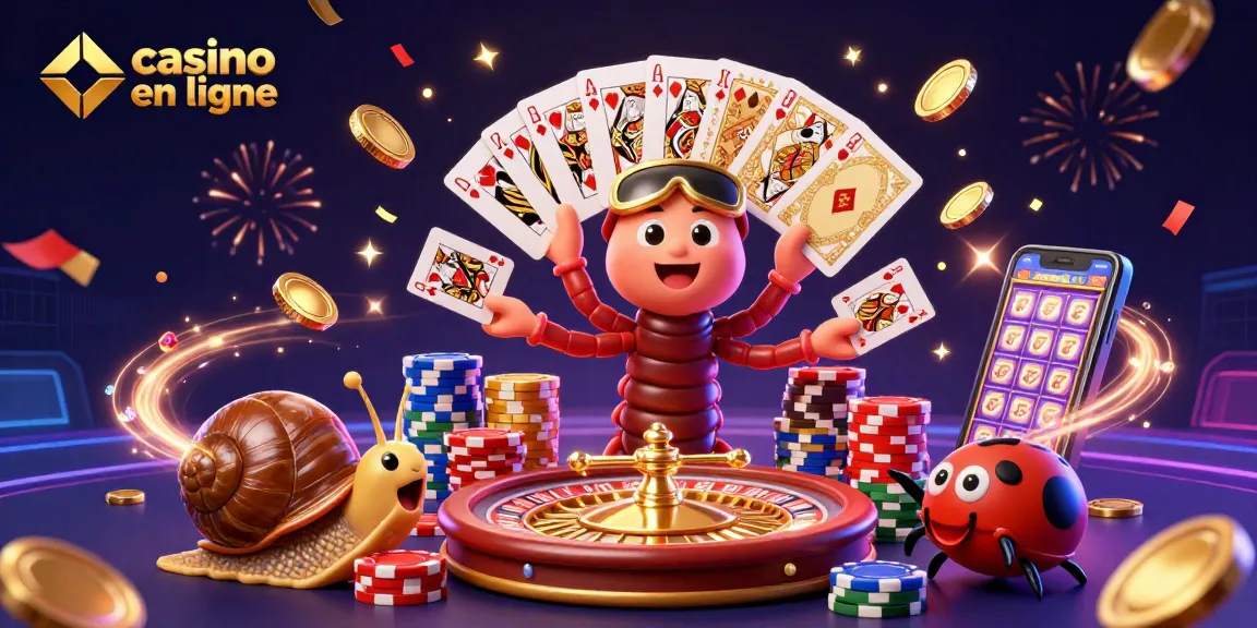 Jeux de casino en ligne animés par un croupier millipède, un escargot jouant et des pièces d'or éclatantes.