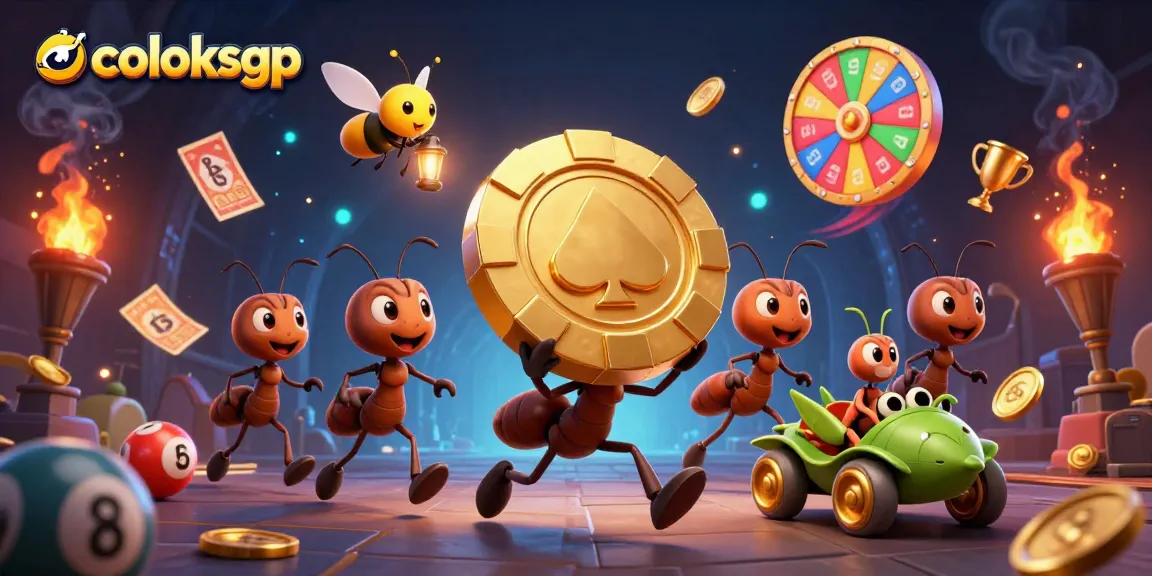 Experience an exhilarating coloksgp heist with ants, a firefly, and a grasshopper amidst glowing lottery elements and gold.