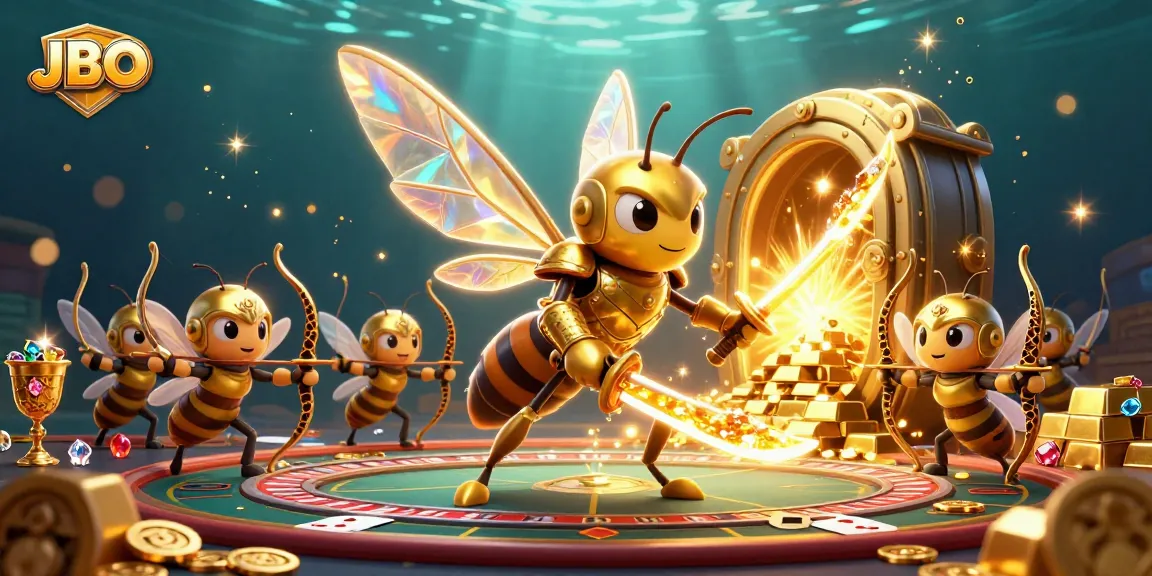Engage in thrilling gameplay at JBO, featuring a dynamic casino scene with live dealer elements and golden treasures.