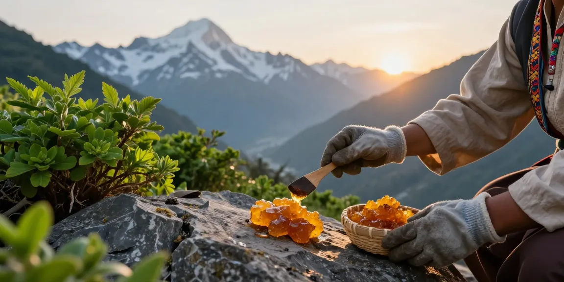 Harvesting high-quality shilajit Australia from Himalayan mountains with natural focus and serene atmosphere.