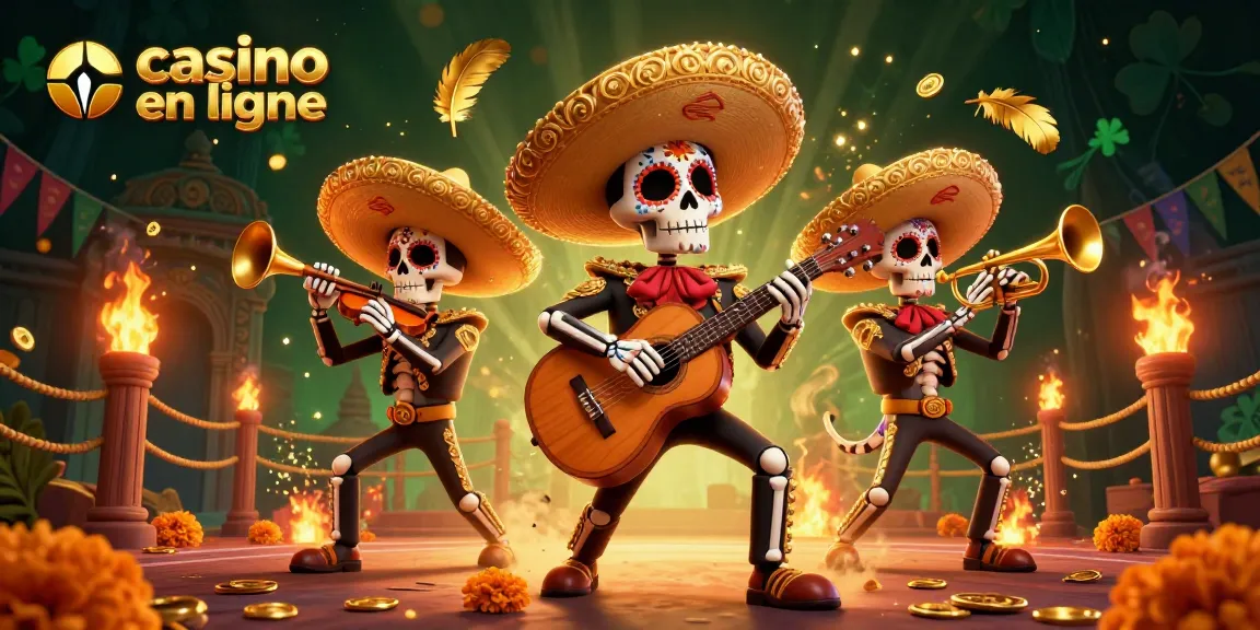 Découvrez l'excitation du casino en ligne avec un groupe de mariachi vibrant dans une illustration 3D festive.