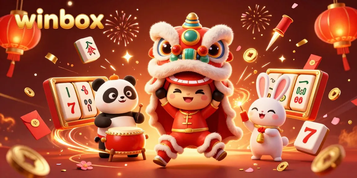 Winbox features a vibrant scene with characters performing a lion dance among slot reels and festive symbols.