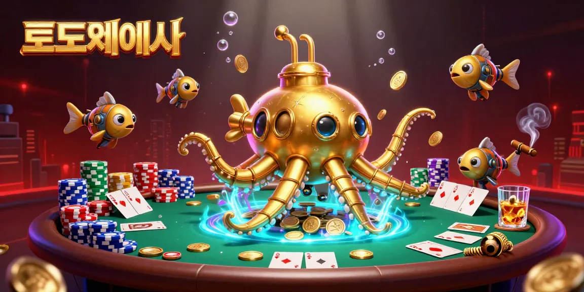 Engage with 토토사이트 in this vibrant 3D kraken-themed poker scene filled with gold.