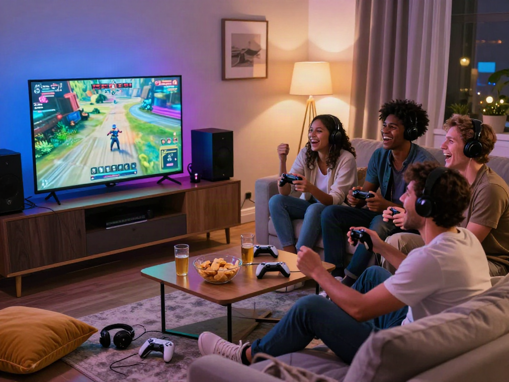 Friends enjoying a gaming night with rokok88 in a lively living room, showcasing excitement and camaraderie.