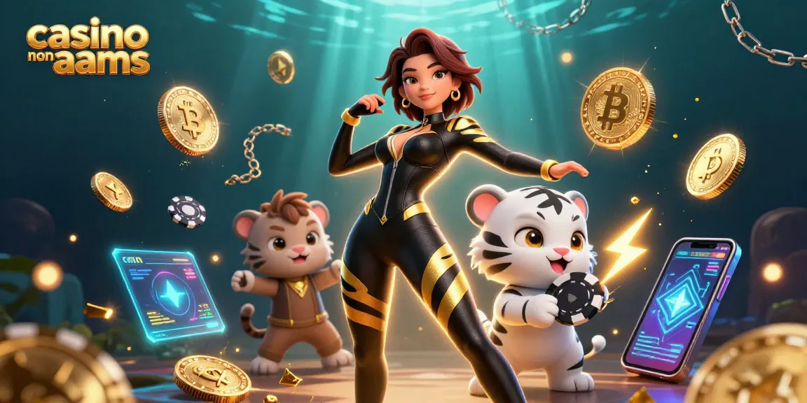 Scena coinvolgente di un casinò non AAMS con una donna in tuta da gatto, un cucciolo di tigre e elementi di criptovaluta