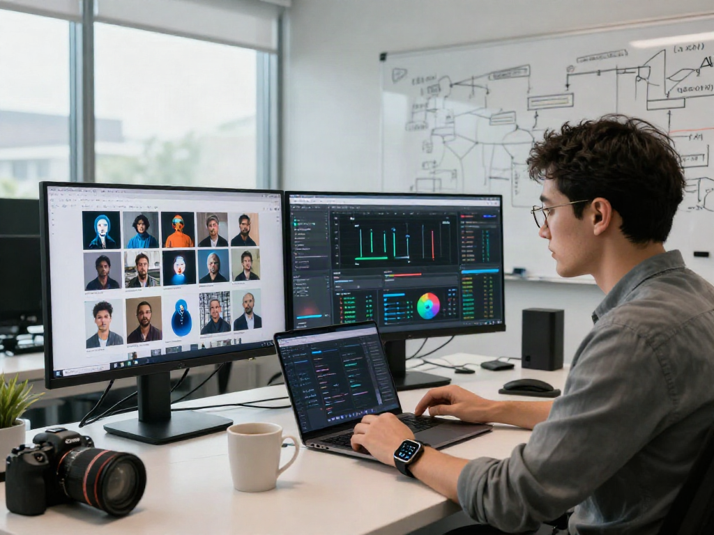 AI Image Detector analysis in a tech workspace with charts and images being examined on multiple screens.