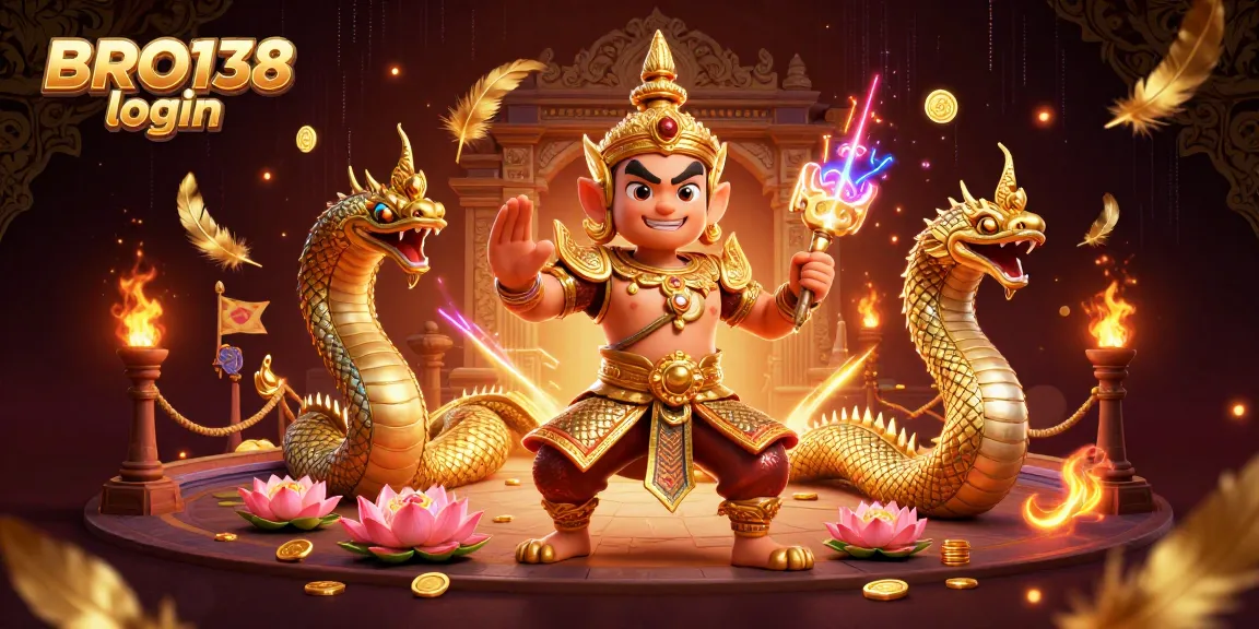 Experience the thrill of BRO138 login with golden temple guardians and vibrant casino elements.