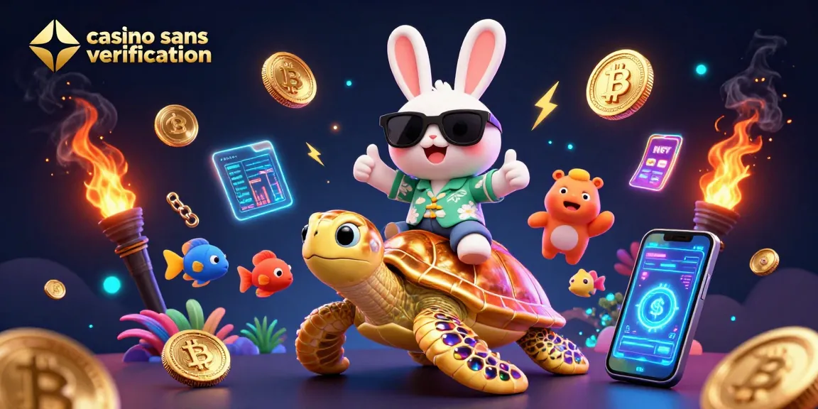 Jouer au casino sans vérification avec un sympathique lapin chanceux et une tortue dorée sur un fond vibrant.