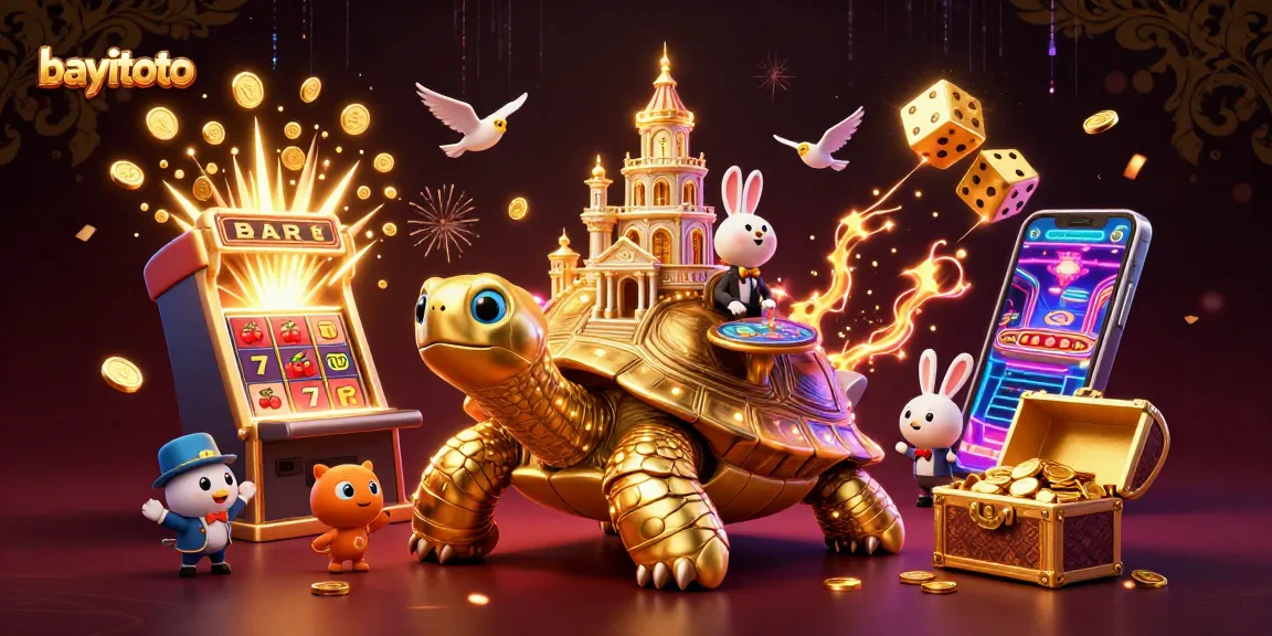 BAYITOTO offers thrilling casino experiences with golden tortoise, jackpot symbols, and a rabbit dealer.