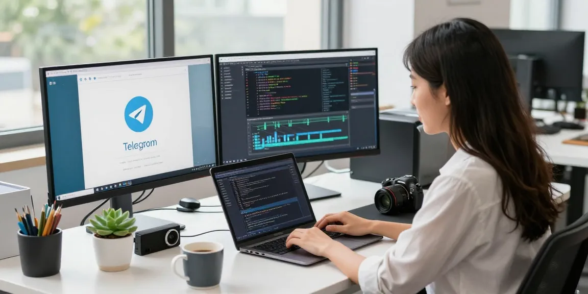 Professional workspace featuring a young woman coding the 纸飞机中文版 on dual monitors with tech gadgets and plants