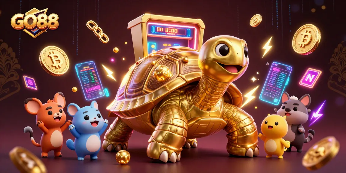 Experience exciting gameplay with GO88 and a golden tortoise pinball machine amidst crypto elements.