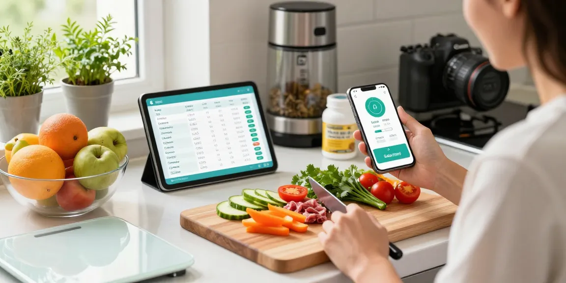 Home cook using the best calorie tracker app while preparing a healthy meal in a bright kitchen.