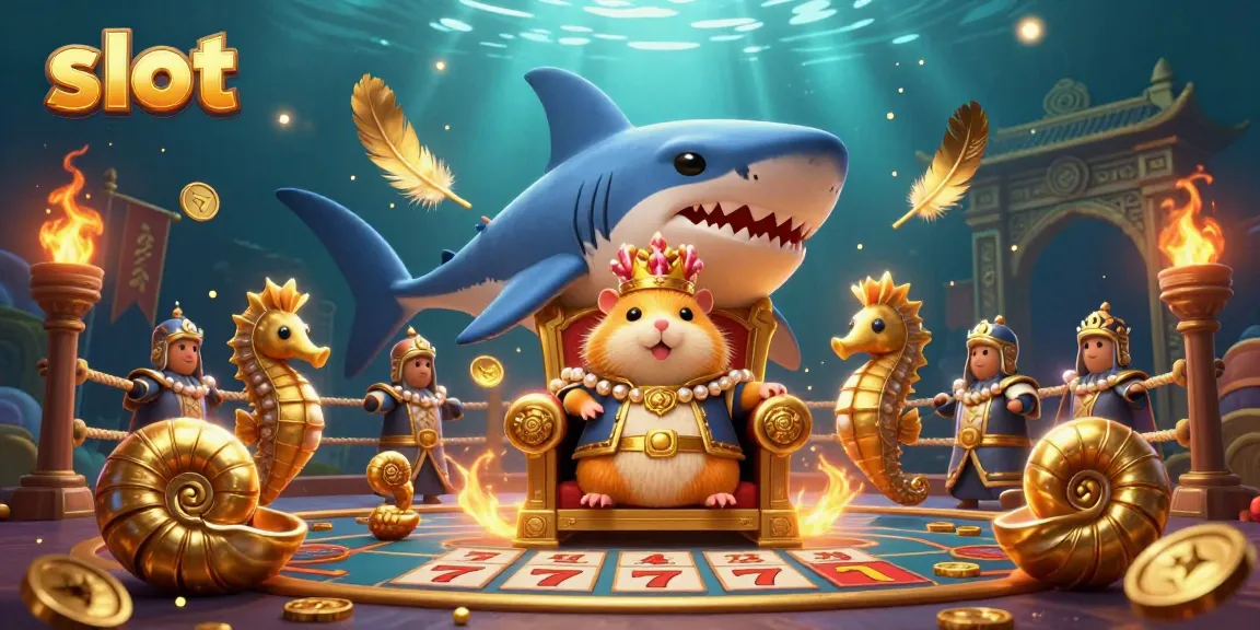 Spin the slot reels with a golden hamster king and royal seahorse guards in a vibrant casino scene.