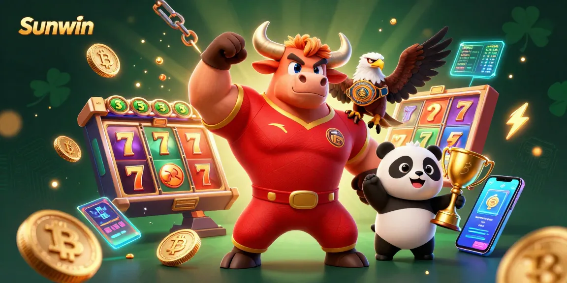 Win big at Sunwin with vibrant and colorful 3D illustration featuring a bull mascot and dynamic casino elements.
