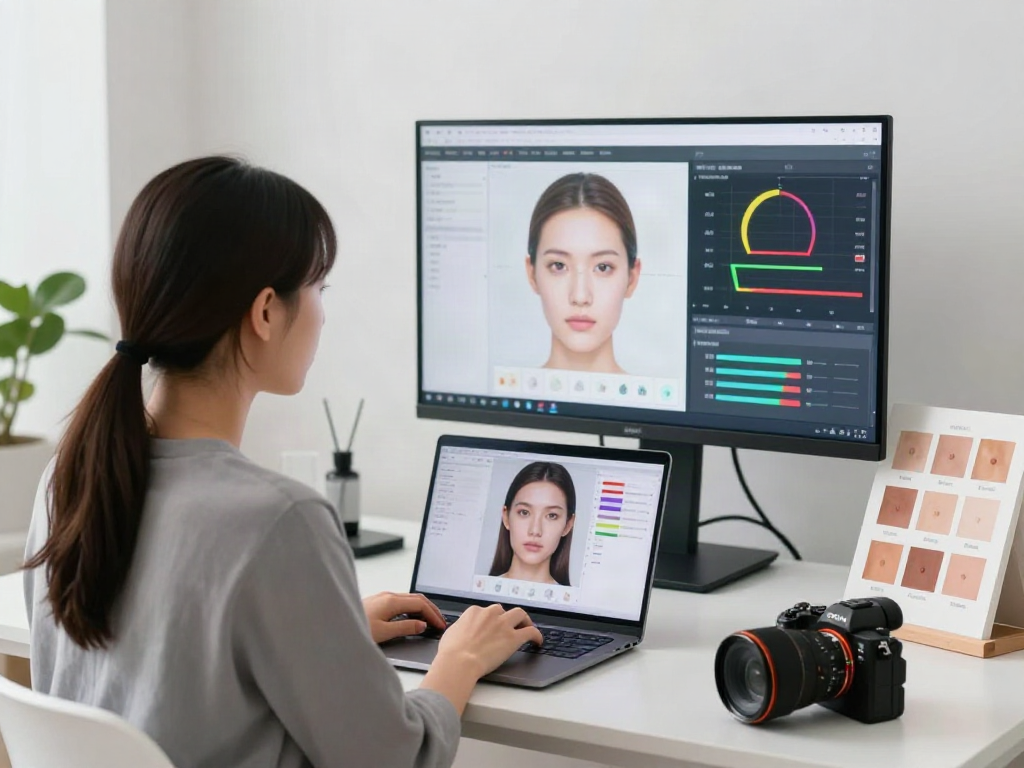 Individual undergoing an attractive test analysis with facial metrics and charts on display.