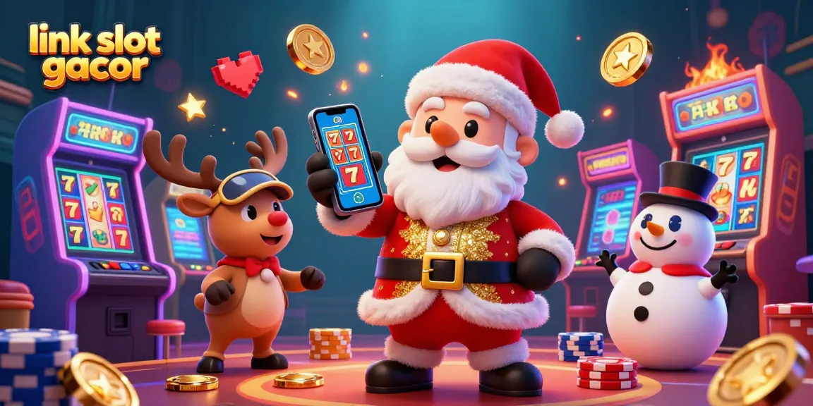 Engage with link slot gacor through this vibrant casino scene featuring Santa Claus, surrounded by slot machines and festive elements.