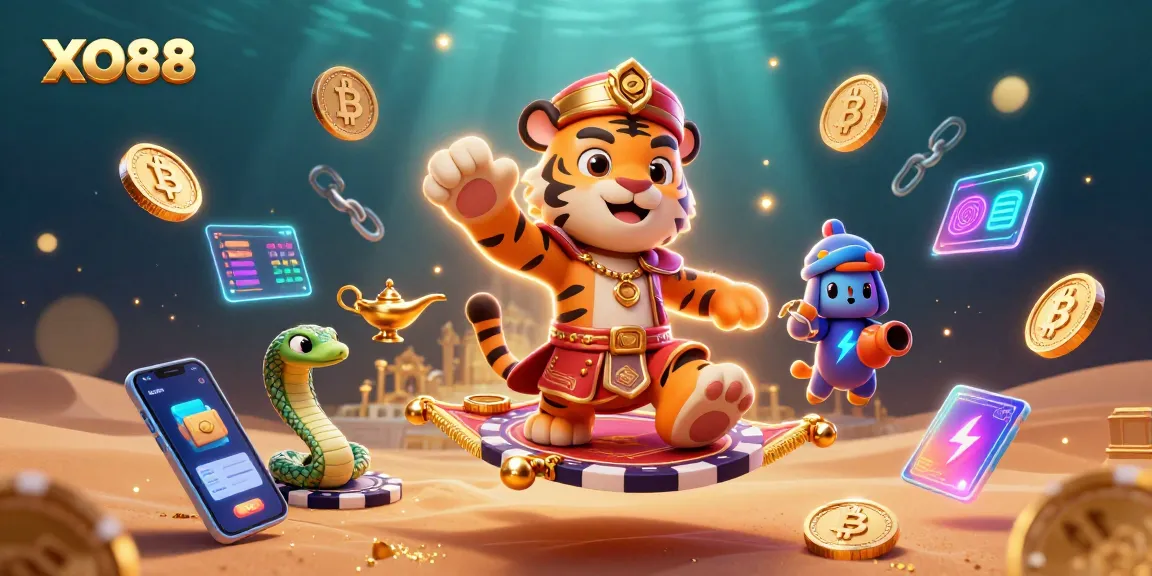Engaging scene showcasing XO88 with a tiger sultan and casino symbols, ideal for online gamblers.